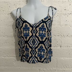 Zara Womens Tank Top S Blue Aztec Crop Beaded Scoop Neck Tie Ikat Viscose AU11